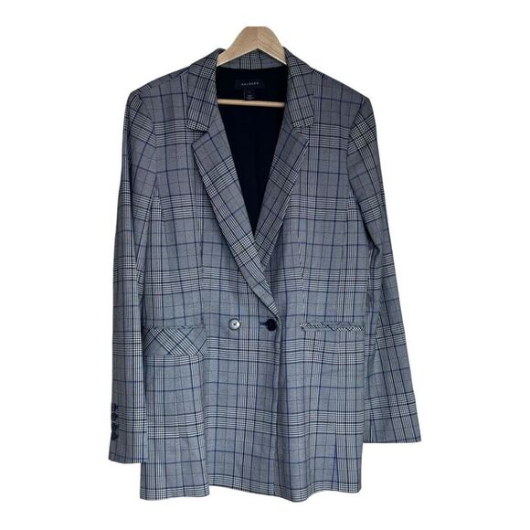 Plaid Blazer Women's Double Breasted Checkered Career Jacket Gray Blue - Picture 2 of 8